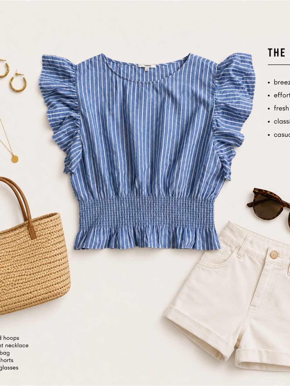 MADEWELL Blue Striped Smocked Waist Ruffle Sleeve Top